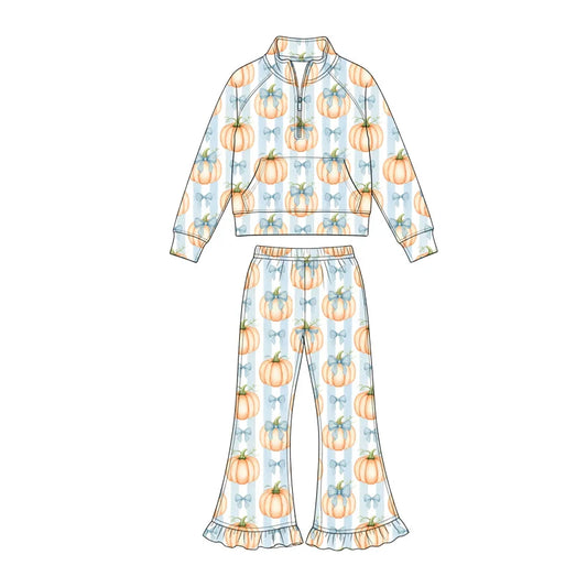 7.25 design Baby Girls Bows Pumpkins Zip Pocket Pullover Top Bell Bottom Pant Fall Clothes Sets