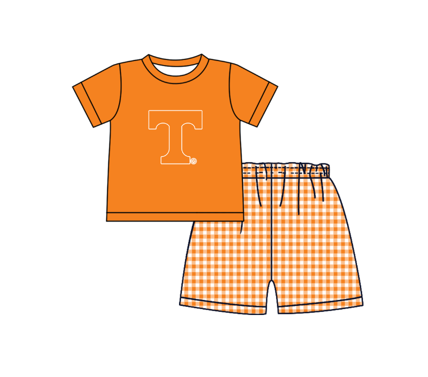 2.2 Custom Order Moq 3 Baby Boy Orange Short Sleeve T Top Checked Shorts Team Clothes Sets