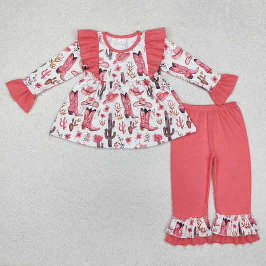 GLP1922 Baby Girls Western Boots Tunic Tops Ruffle Pants Clothes Set