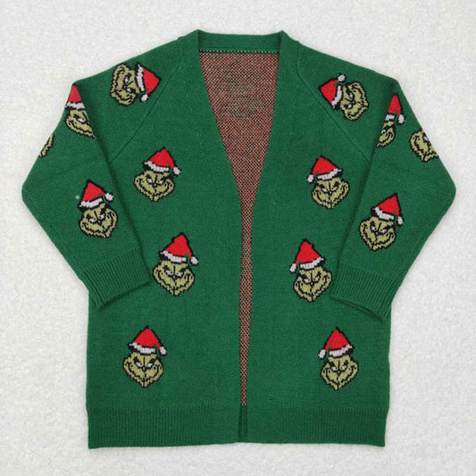 GT0371 Cartoon Christmas Green Long Sleeve Sweater Cardigan