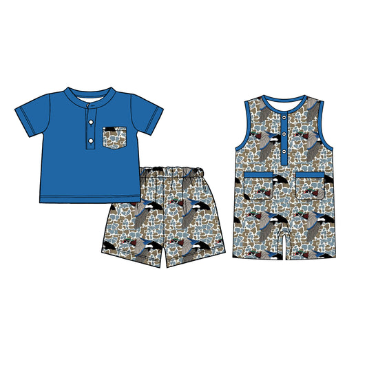 26.1.8 Custom MOQ:3 or 5 pcs each design milk silk Sibling baby boy clothes camouflage duck short sleeve shorts sets and romper