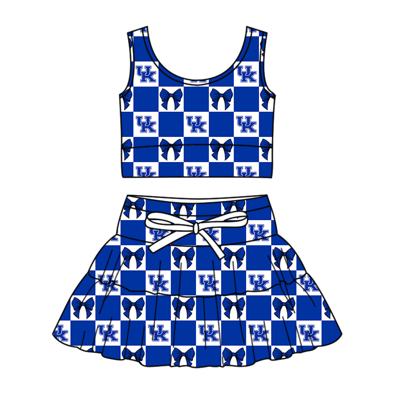 Custom Milk Silk Order MOQ:3 or 5 pcs Each Design Team State Girl Summer Bow Blue Sleeveless Skirts Sets-26.1.19