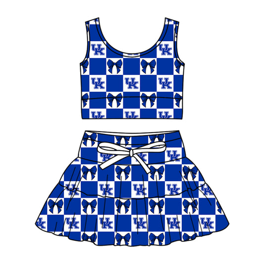 Custom Milk Silk Order MOQ:3 or 5 pcs Each Design Team State Girl Summer Bow Blue Sleeveless Skirts Sets-26.1.19