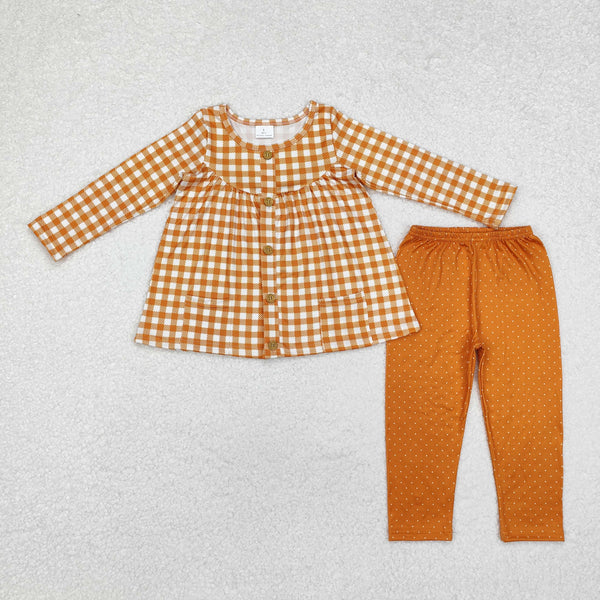 GLP1895 Baby Girls Fall Khaki Checked Tunic Legging Clothes Set