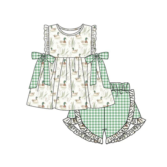 GSSO1611 Baby Girls Green Mallard Ducks Tunic Ruffle Shorts Clothes Sets Preorder