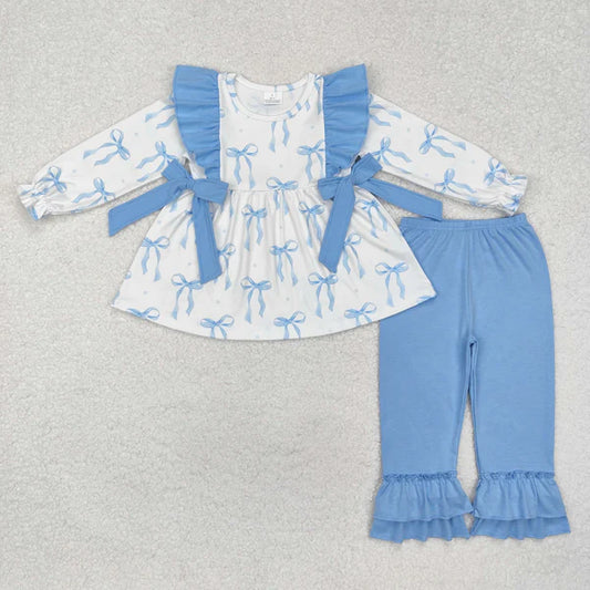 GLP2109 Baby Girls Blue Bows Tunic Ruffle Pants Clothes Set