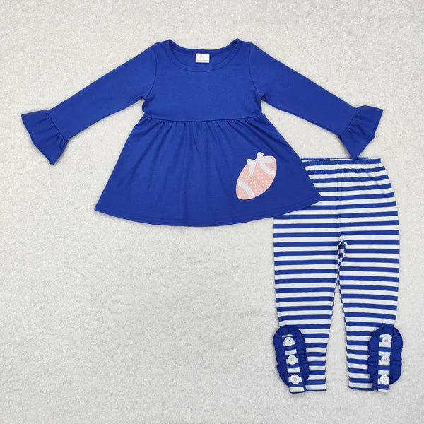 GLP1547 Baby Girls Embroidery Blue Football Tunic Stripes Legging Outfits Clothes Set