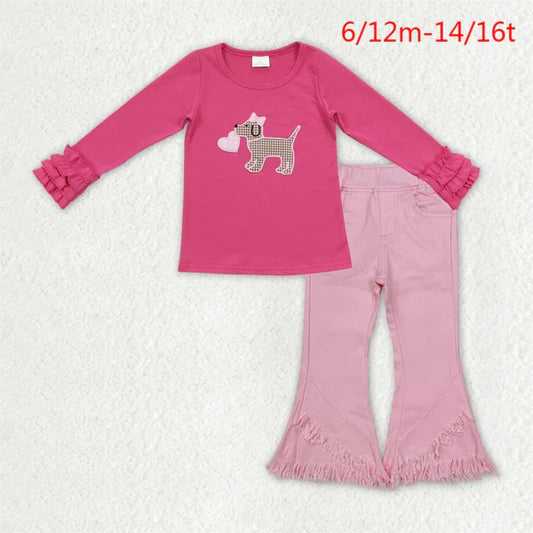 GLP2236 Baby Girls Valentines Dog Heart Shirt Top Pink Fringe Denim Jeans Pants Clothes Set