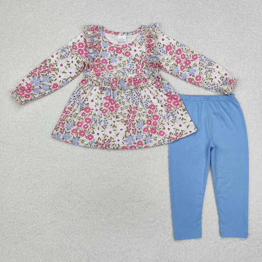 GLP1926 Baby Girls Blue Flowers Tunic Tops Legging Clothes Set