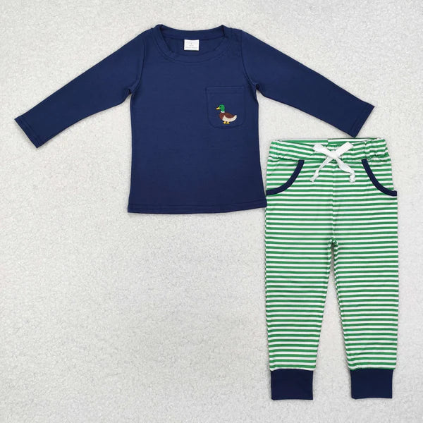 BLP0795 Baby Boys Blue Embroidery Mallard Duck Pocket Top Stripes Pants Outfits Set