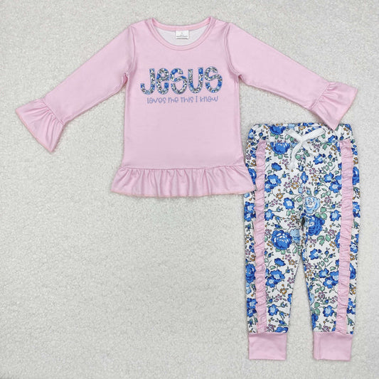 GLP1670 Baby Girls Pink Jesus Top Ruffle Floral Pants Clothes Set