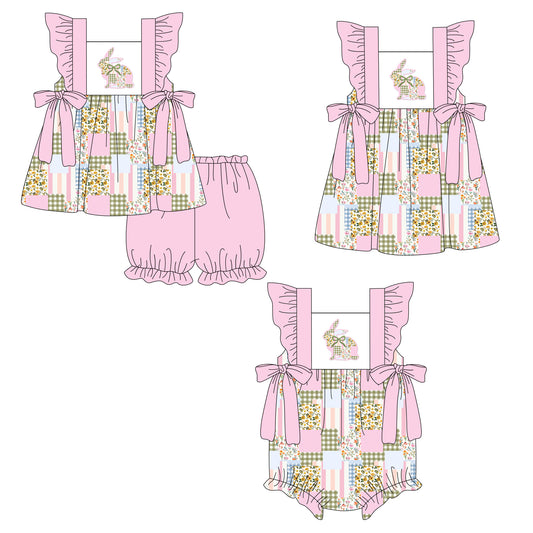 26.1.5 Custom MOQ:3 or 5 pcs each design milk silk Sibling baby girl clothes easter bow short sleeve shorts sets and dress and romper
