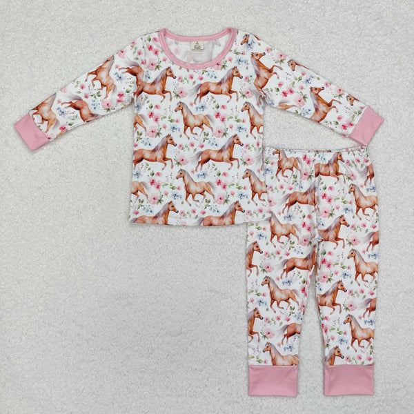 GLP1831 Baby Girls Western Horse Shirt Pants Bamboo Pajamas Clothes Set