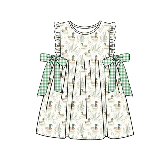 GSD1588 Baby Girls Green Mallard Ducks Bows Knee Length Dresses Preorder