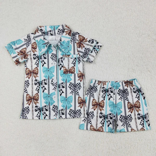 5.27 Sibling Baby Girls Colorful Bows Buttons Shirt Shorts Pajamas Clothes Sets