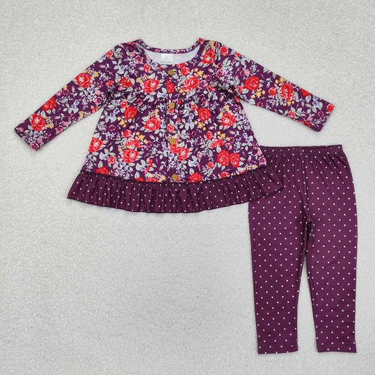 GLP1850 Baby Girls Purple Flowers Pockets Tunic Legging Outfits Set