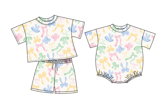 26.1.9 Custom MOQ:3 or 5 pcs each design milk silk Sibling baby girl clothes bow short sleeve shorts sets and romper