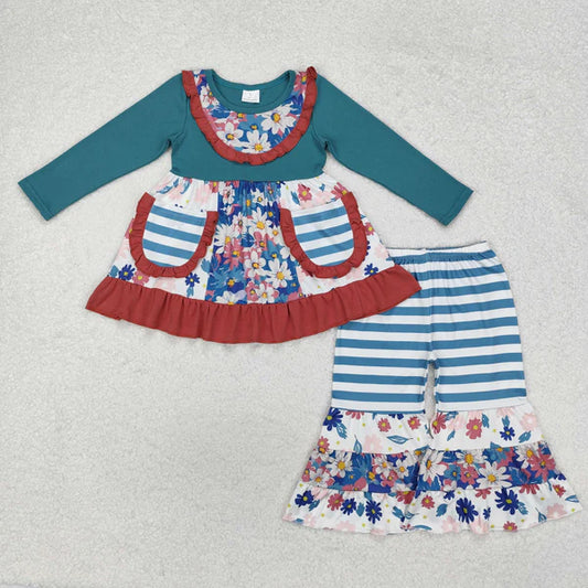 GLP1764 Baby Girls Fall Blue Flowers Pockets Tunic Bell Pants Clothes Set