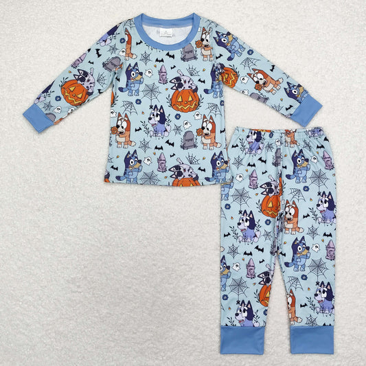 BLP0726 Cartoon dog Halloween Spider web blue long sleeve pants pajamas set