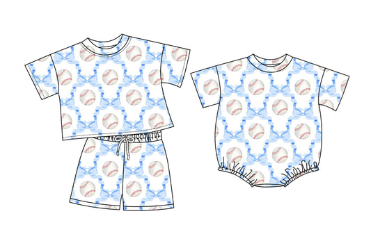 26.1.10 Custom MOQ:3 or 5 pcs each design milk silk Sibling baby girl clothes baseball bow short sleeve shorts sets and romper