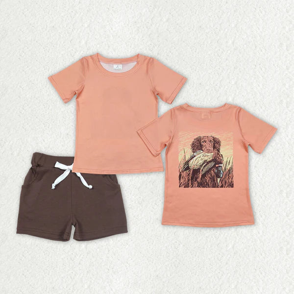 BT1084+SS0134 Baby Boys Orange Dog Duck Hunting Shirts Pocket Shorts Clothes Set