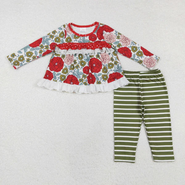 GLP2099 Baby Girls Red Flowers Tunic Tops Legging Outfits Set