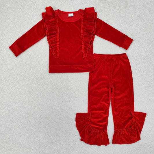 GLP2164 Baby Girls Red Ruffles Tee Shirts Top Velvet Bell Pants Clothes Set