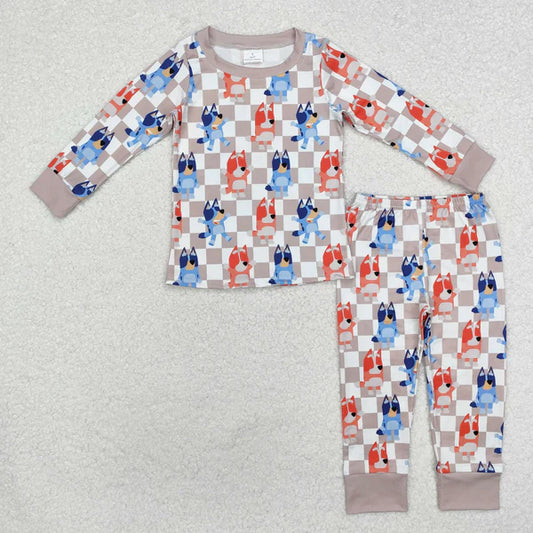 BLP0957 Baby Kids Dog Checkered Shirt Pants Pajamas Clothes Set