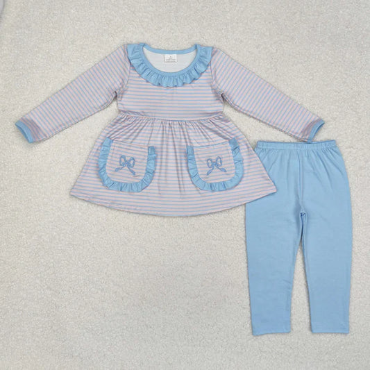 GLP1389 Baby Girls Blue Stripes Bow Pockets Tunic Legging Pants Clothes Set