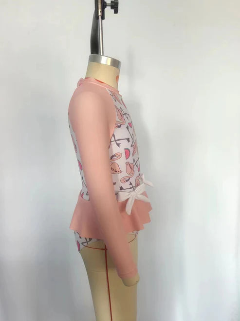 S0245 Watermelon flamingo white long-sleeved one-piece swimsuit