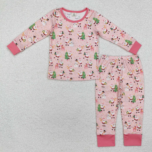 GLP2094 Baby Girls Christmas Pink Santa Deer Bamboo Pajamas Outfits Set