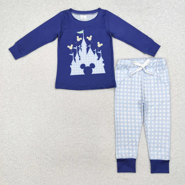 BLP0753 Baby Boys Blue Castle Cartoon Top Pants Pajamas Clothes Set