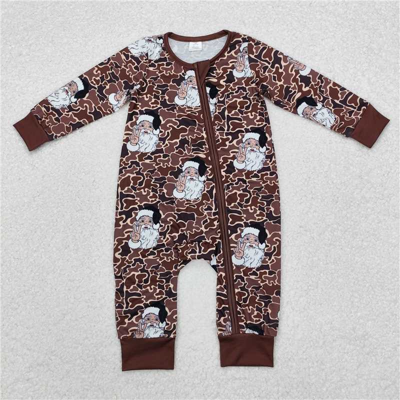 LR1820 Sibling Brother Boys Christmas Camo Santa Bamboo Pajamas Rompers