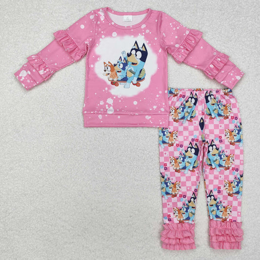 GLP2088 Baby Girls Pink Dogs Ruffle Shirt Legging Clothes Set