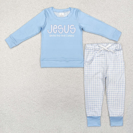 BLP0767 Baby Boys Blue Jesus Top Checkered Pants Clothes Set