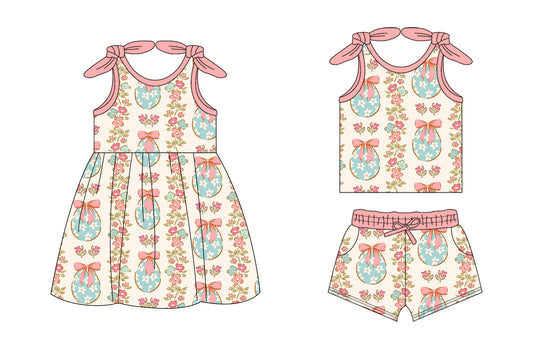 26.1.14 Custom MOQ:3 or 5 pcs each design milk silk Sibling baby girl clothes easter bow short sleeve shorts sets and dress