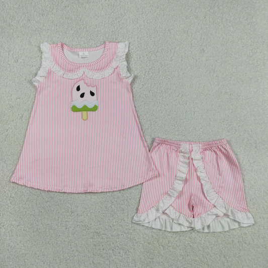 GSSO3238 Kids Embroidery Popsicle Baby Girls Pink Stripe Collar Tunic Ruffle Shorts Clothes Sets
