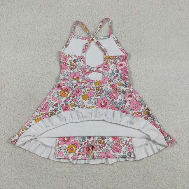 GSD2278 Kids Baby Girls Pink Strap Colorful Floral Yoga Active Ruffle Knee Length Dresses