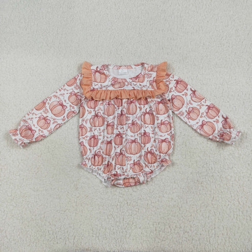 8.14 LR2295 Baby Girls Long Ruffle Sleeves Bows Pumpkins Romper