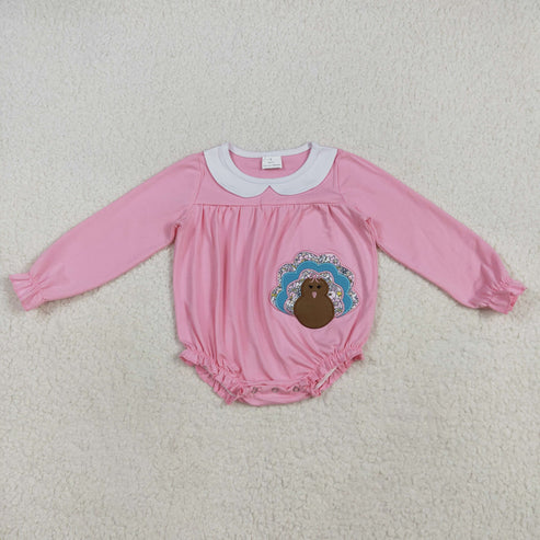 8.14 LR2262 Embroidery Baby Girls Pink Long Sleeves Turkey Ruffle Romper