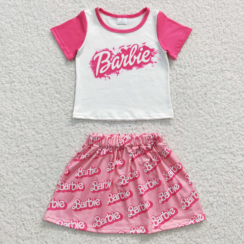 7.28 GSD0294 Girls Barbie Doll Barbie Pink Short Sleeve Skirt Set