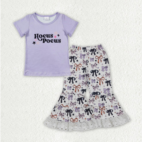 8.12 GT0667+P0783 Baby Girls Hocus Pocus Top Bows Lace Bell Bottom Halloween Clothes Set