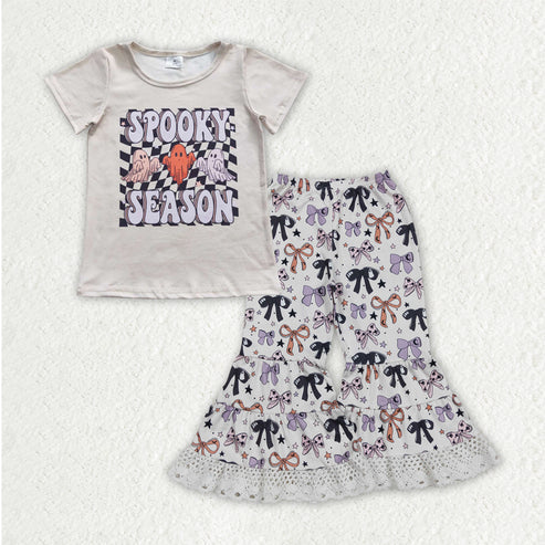 8.12 GT0231+P0783 Baby Girls Spooky Ghosts Top Bows Lace Bell Bottom Halloween Clothes Set