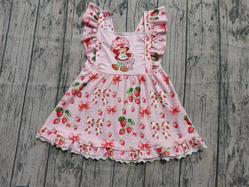 8.8 Custom Moq 5 Baby Girls Pink Flutter Sleeves Strawberry Girls Ruffle Knee Length Dresses