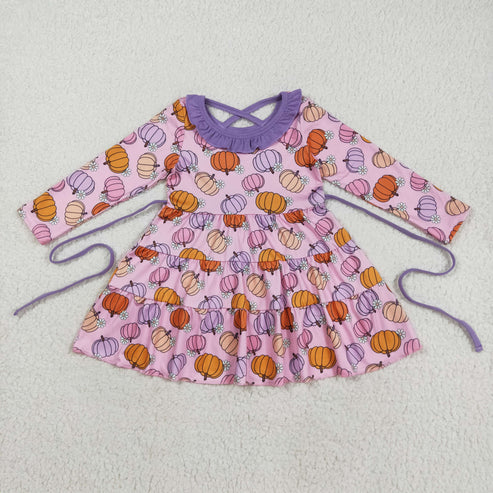8.12 GLD1032 Baby Girls Pink Long Sleeves Flowers Pumpkins Knee Length Dresses With Belt