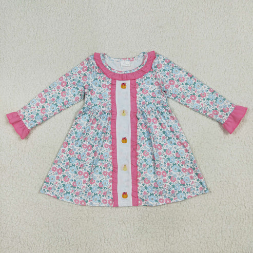 7.24 GLD1053 Embroidery Baby Girls Long Ruffle Sleeves Floral Turkey Pumpkins Knee Length Dress