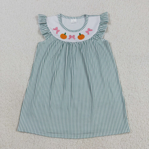 8.12 GSD2746 Embroidery Baby Girls Green Stripe Bows Pumpkins Fall Knee Length Dress