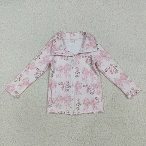 7.24 GT1075 Baby Girls Long Sleeves Pink Floral Bows Zipper Pockets Yoga Jacket Top