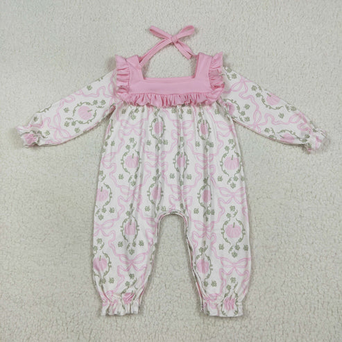 8.14 LR2255 Baby Girls Long Ruffle Sleeves Pink Pumpkins Bows Plaid Pant Romper