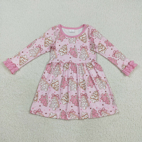8.12 GLD1124 Baby Girls Long Ruffle Sleeves Pink Bows Christmas Trees Knee Length Dress